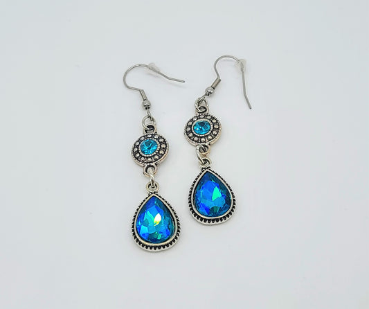 Antiqued Silver Teal Blue Rhinestone Teardrop Earrings