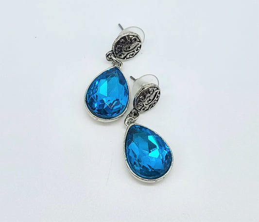 Antiqued Silver Teal Blue Rhinestone Post Earrings
