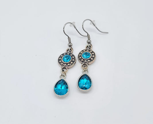 Antiqued Silver Teal Blue Teardrop Earrings