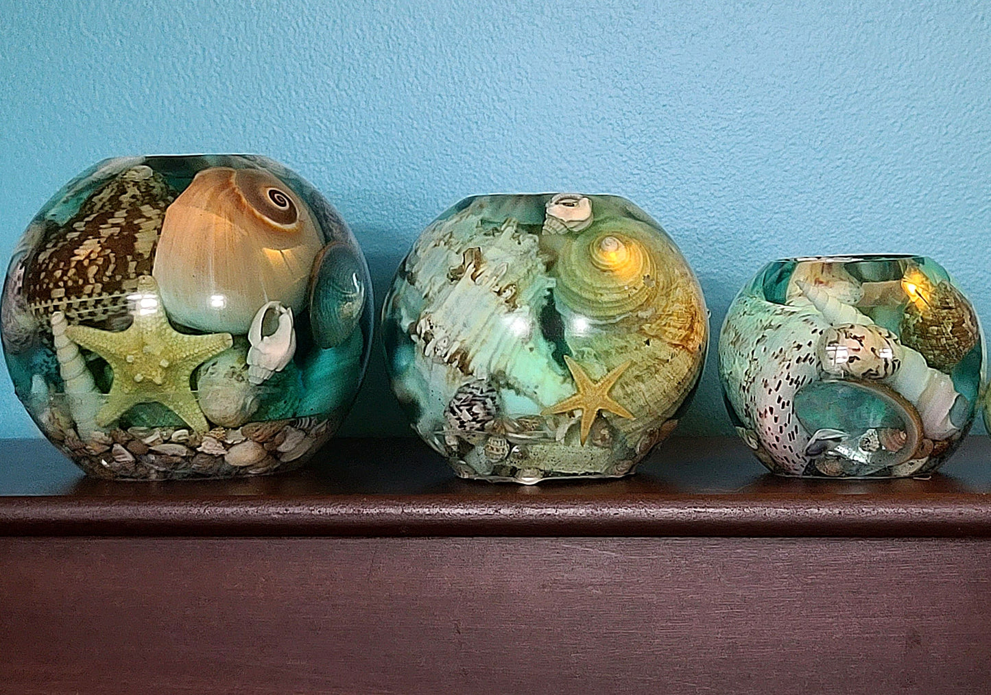 3 Piece Set of Round Seascape Candle Holders