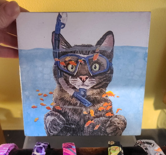Decoupage Snorkeling Cat Wall Plaque by Bett Smith