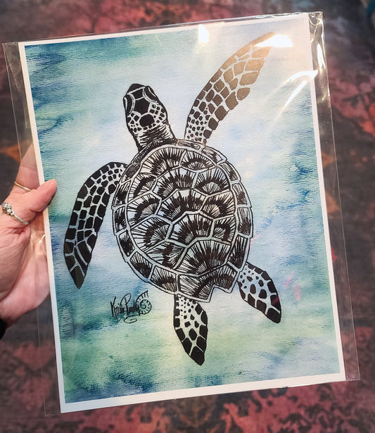 Watercolor & Ink Painting, Print, Sea Turtle