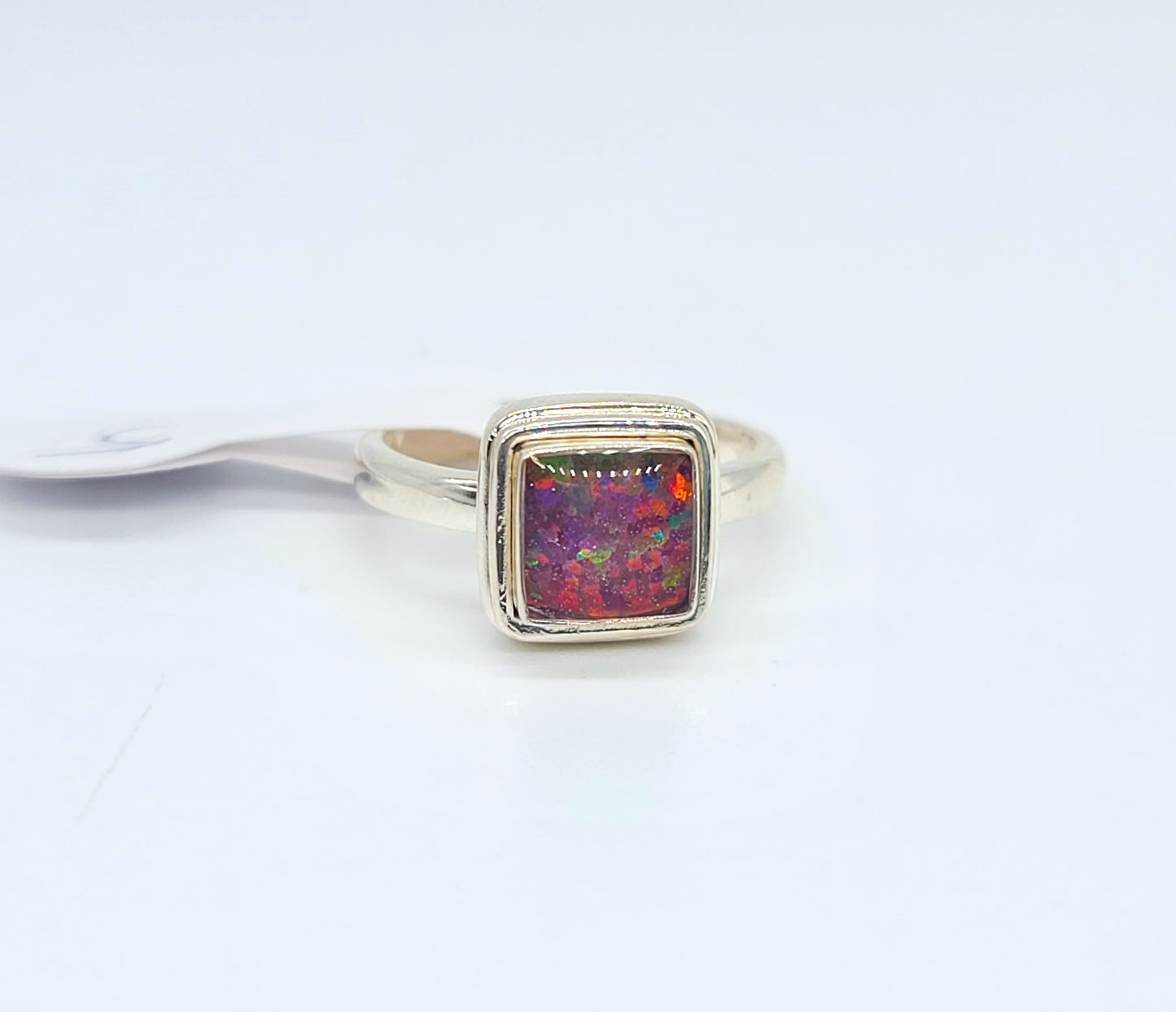 925 Sterling Silver Ring, Square Dark Pink Fire Opal