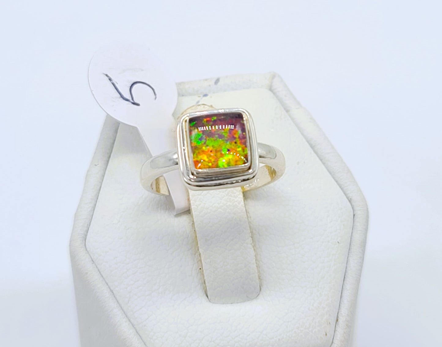 925 Sterling Silver Ring, Square Dark Pink Fire Opal