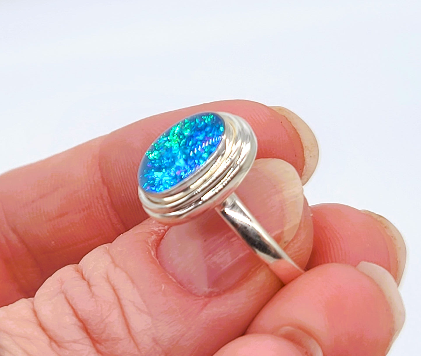 925 Sterling Silver Ring, Oval Blue Opal-like Ring