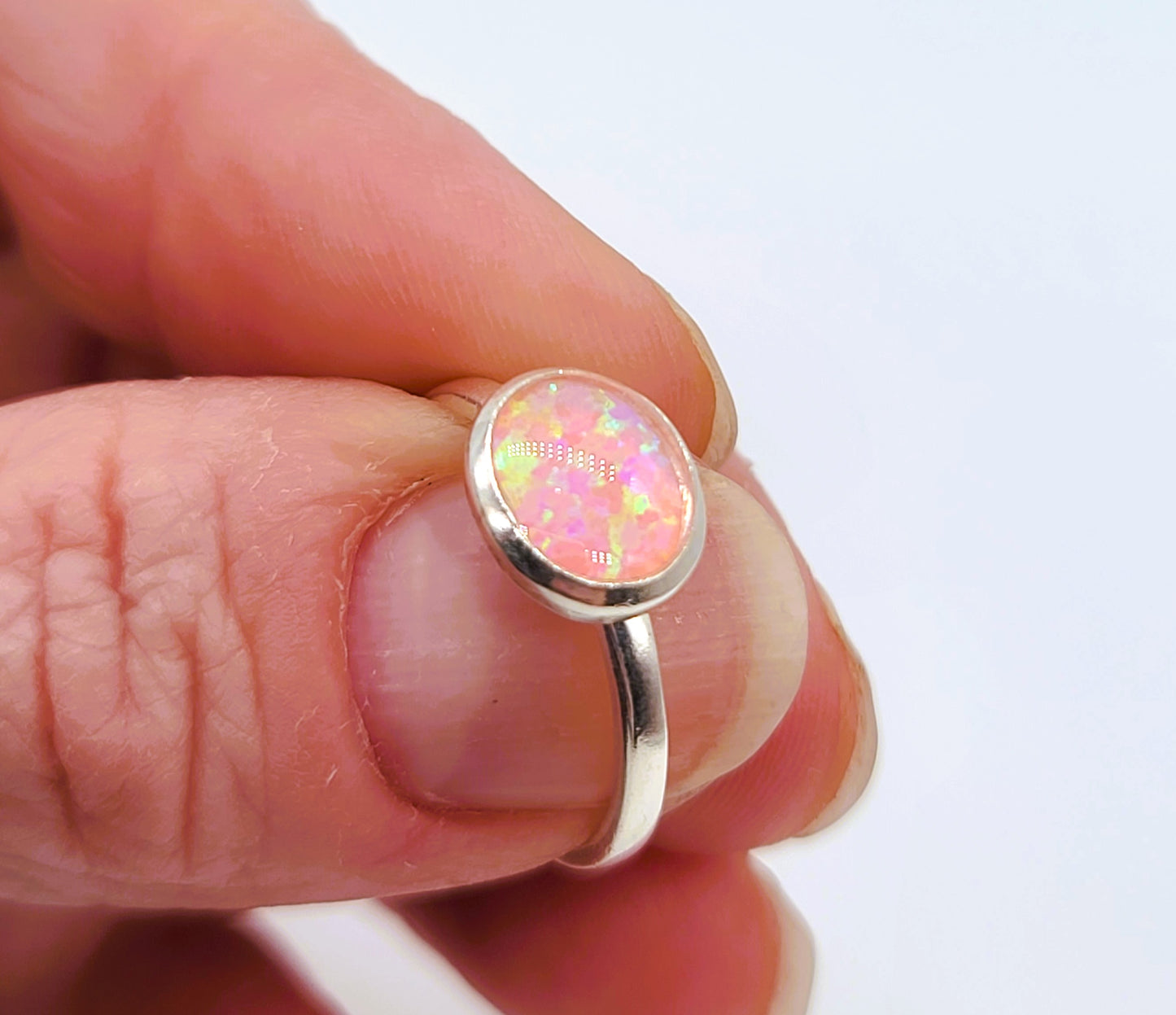 925 Sterling Silver Ring, Oval Pink Fire Opal