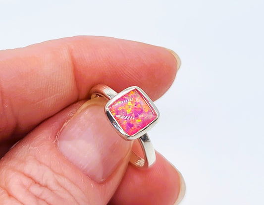 925 Sterling Silver Ring, Square Pink Fire Opal