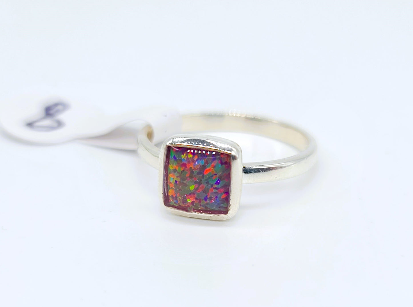 925 Sterling Silver Ring, Square Pink Fire Opal