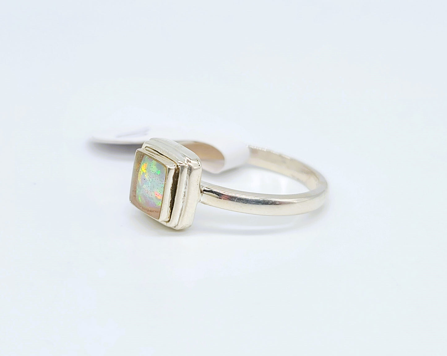 925 Sterling Silver Ring, Square White Fire Opal