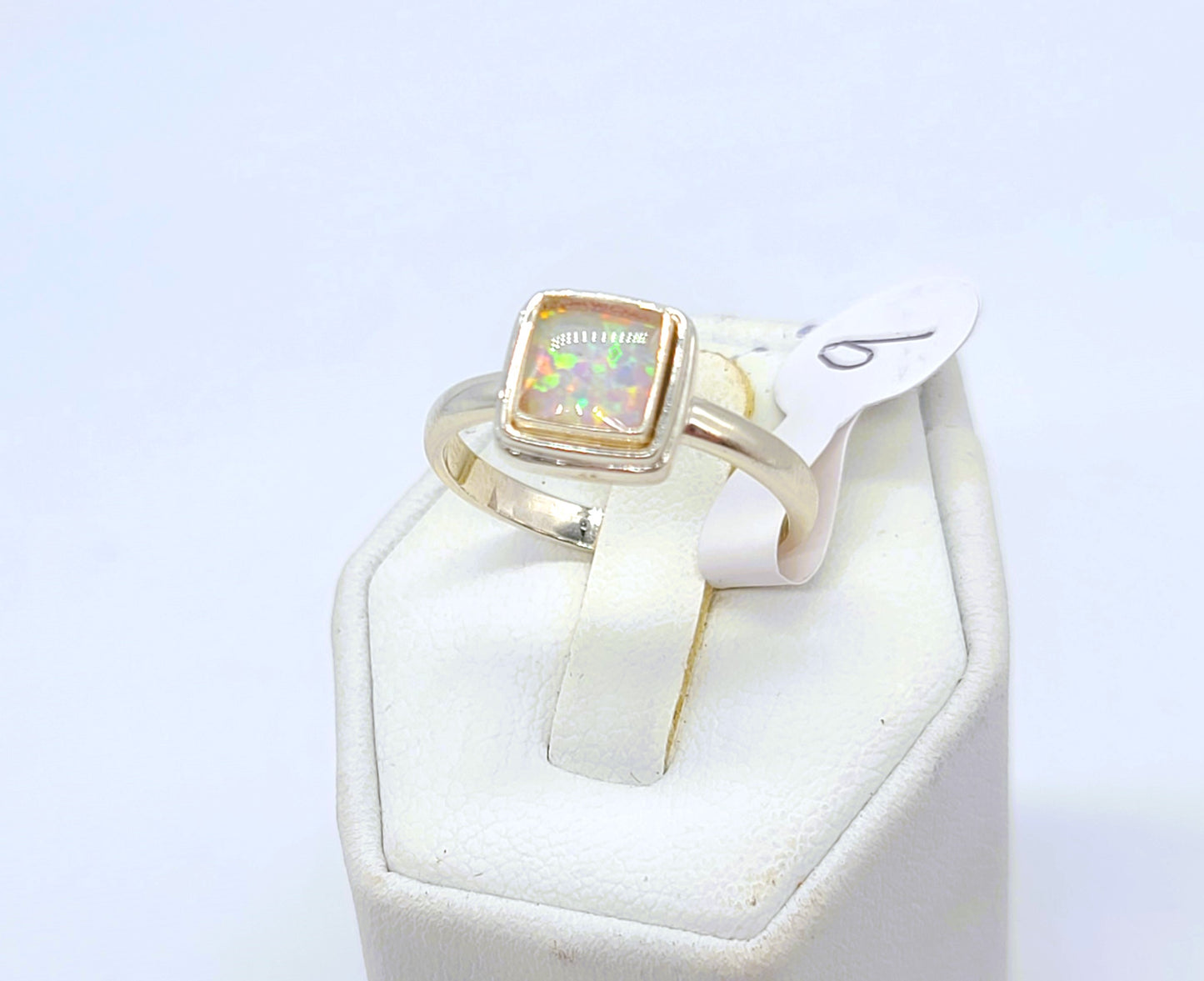 925 Sterling Silver Ring, Square White Fire Opal