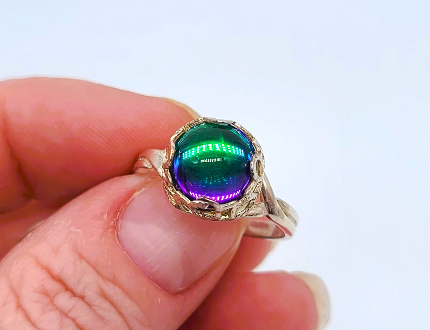 925 Sterling Silver Ring, Reflective Iridescent Rainbow Mirrorball Ring
