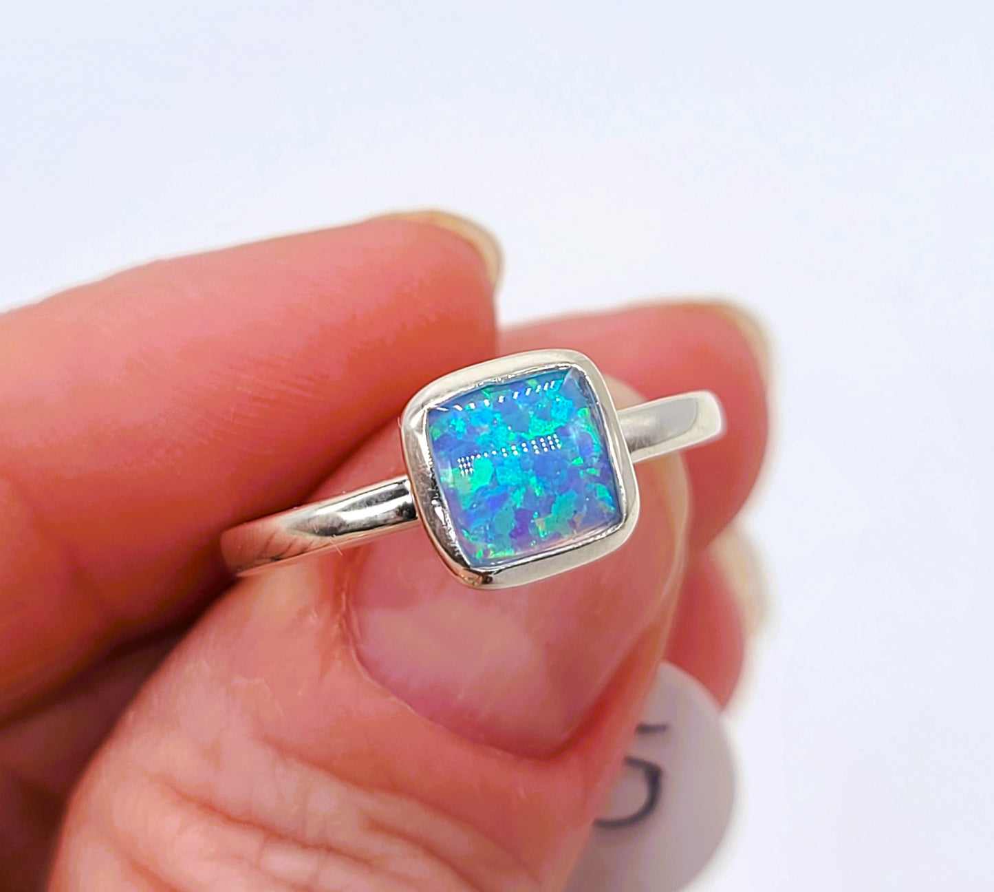 925 Sterling Silver Ring, Square Blue Fire Opal
