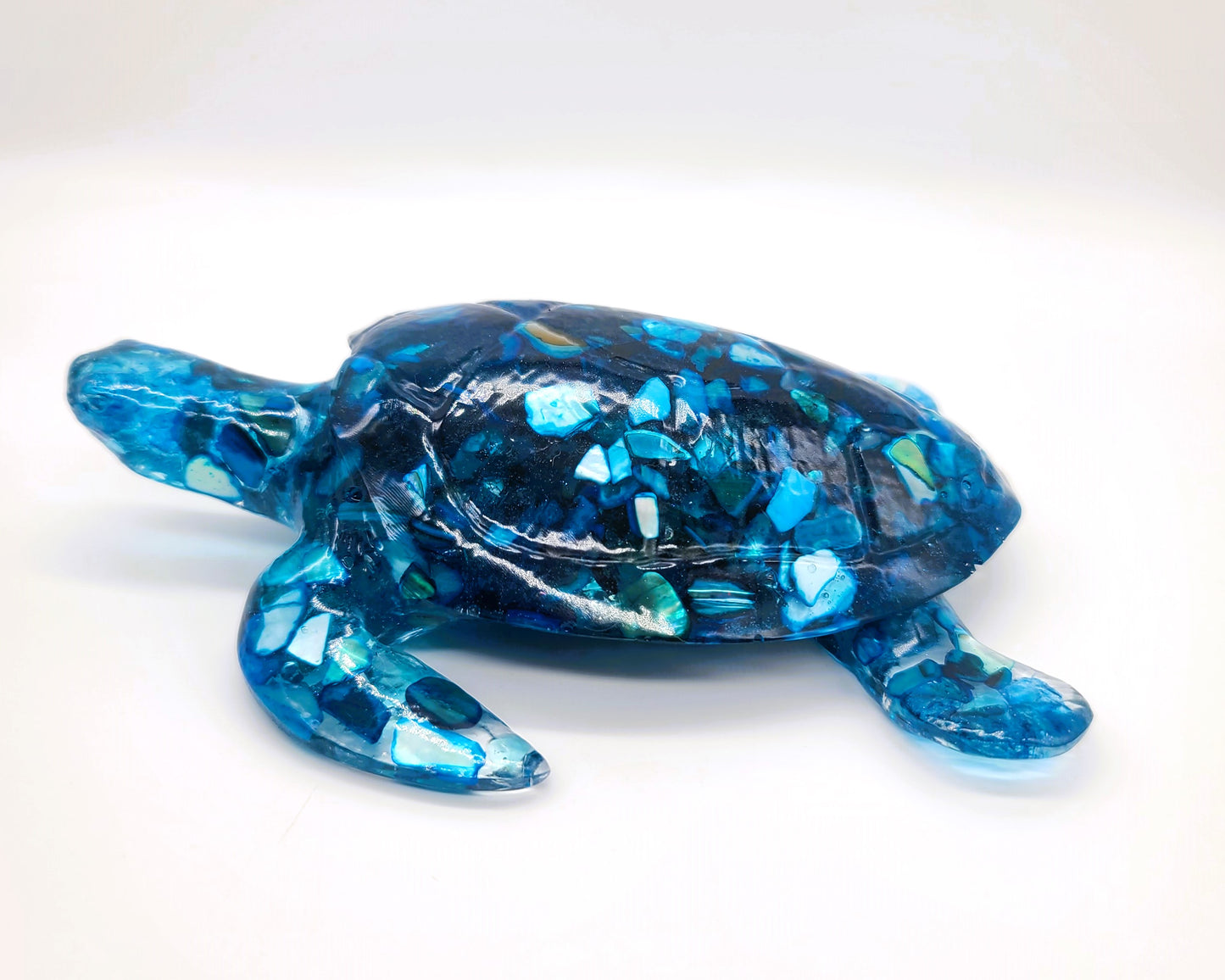 Resin Sea Turtle Figurine - Made w/ Blue Seaglass/Seashells