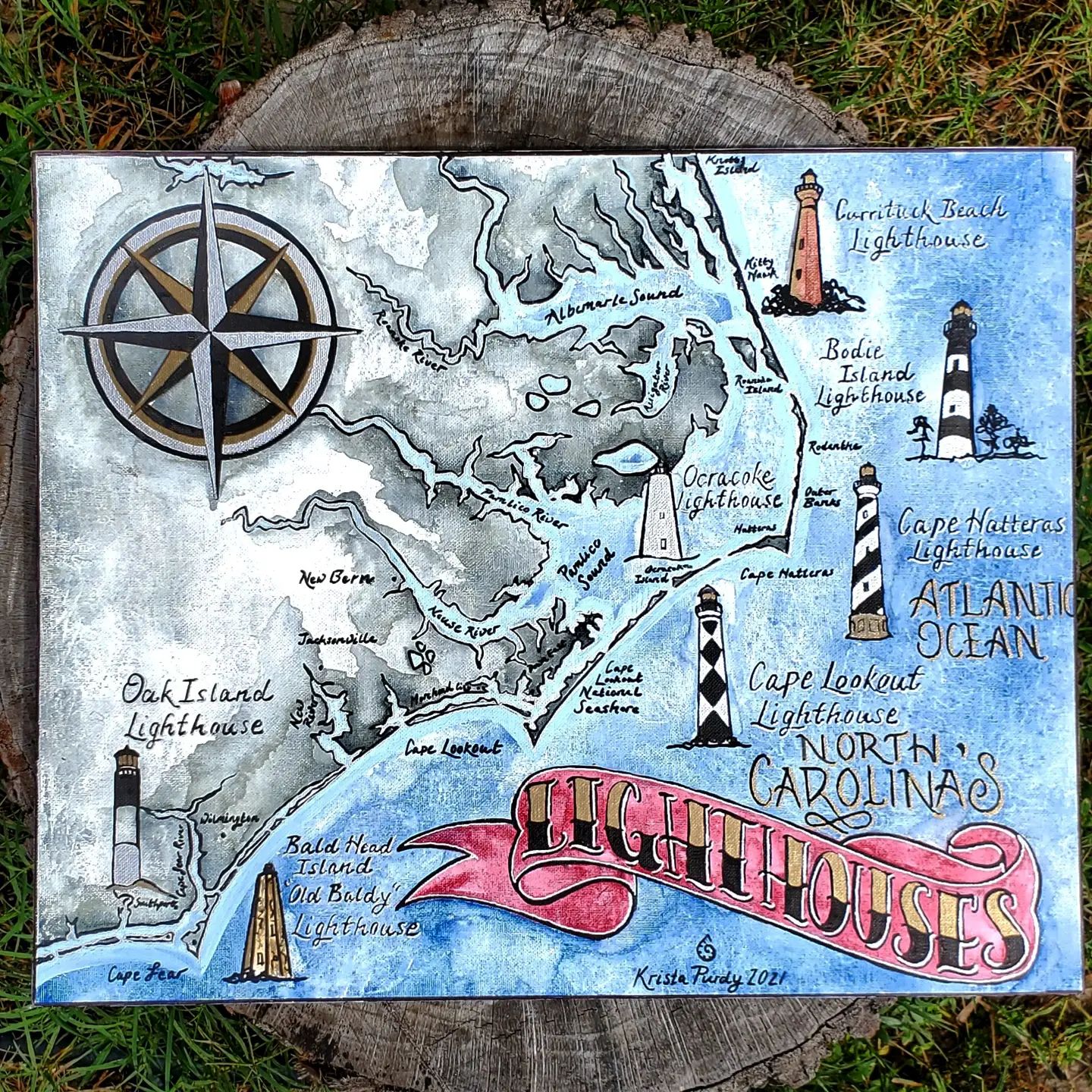 Watercolor & Ink Painting, Print, North Carolina Lighthouses