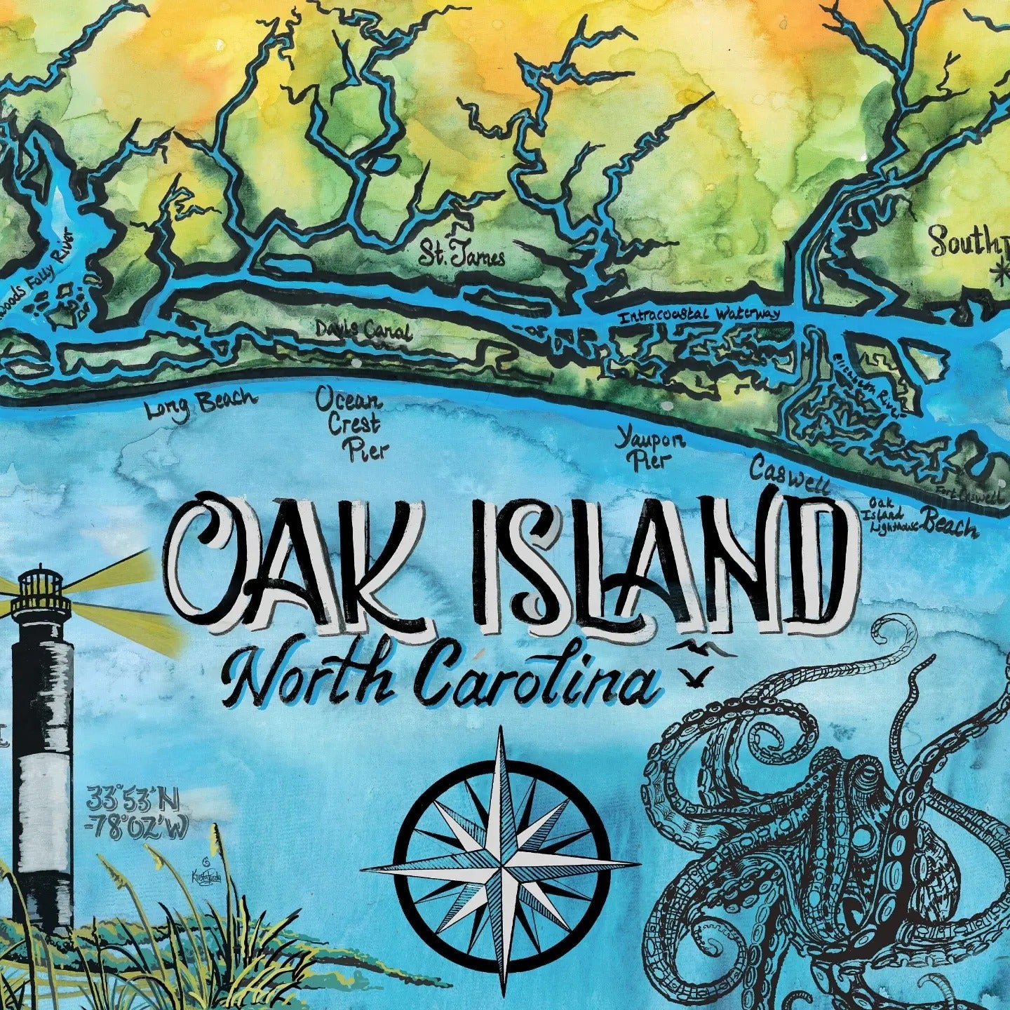 Watercolor & Ink Painting, Print, Oak Island Map