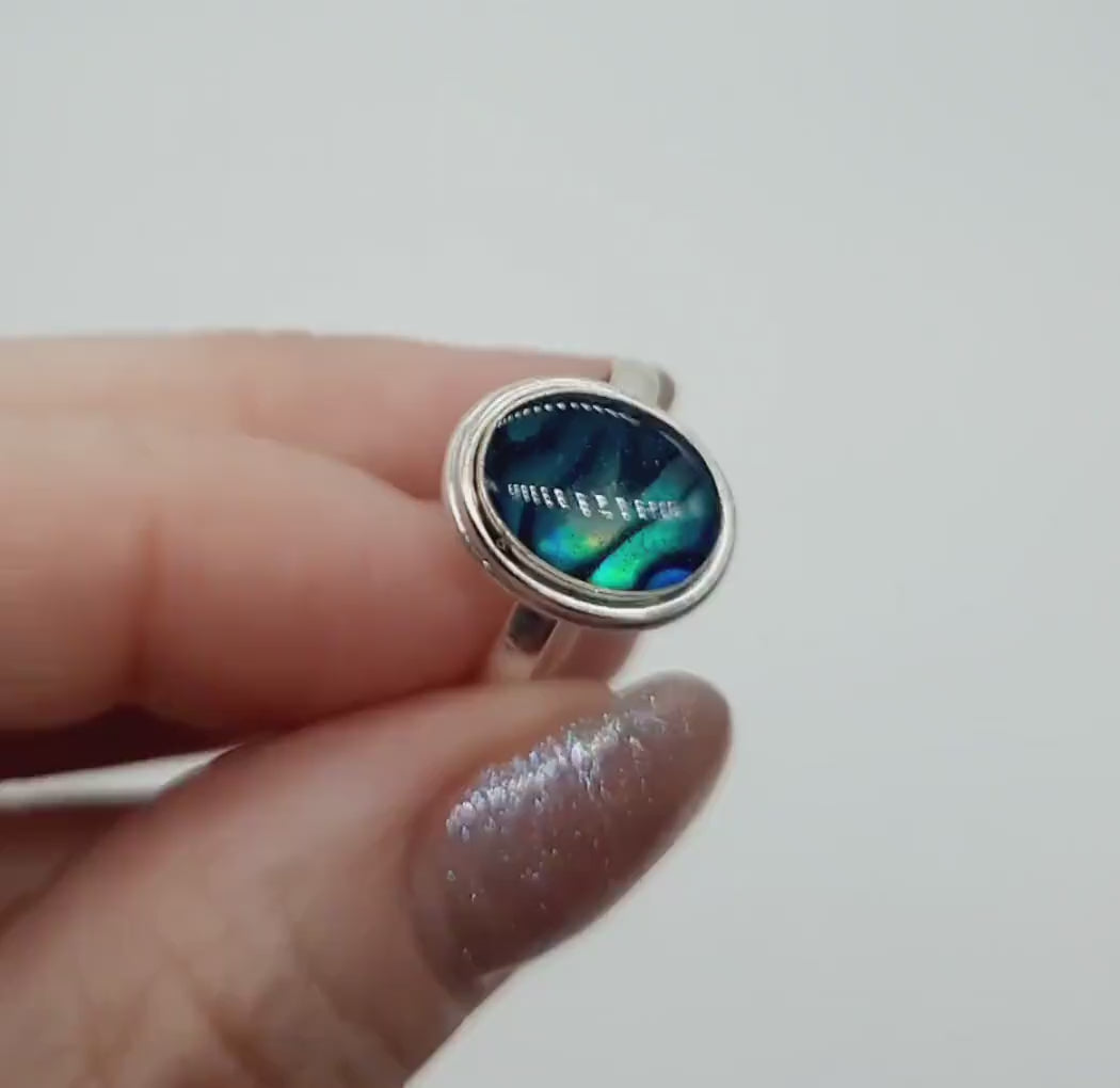 Handmade / Handcrafted 925 Sterling Silver Natural Blue Abalone / Paua Seashell Ring, Oval, Sealed with Holographic Mica Infused Resin