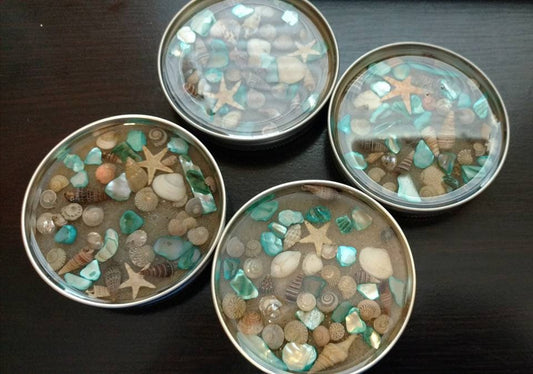 Eco-Friendly Resin Seashell Mason Jar Lid Coasters (Set of 4), Mica Powder, Starfish, Sand Dollar, Abalone, Sea Shells, & Real Sand