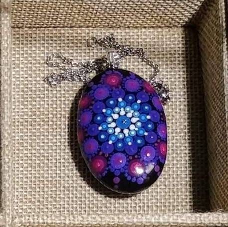 Handpainted Purple / Blue Mandala Necklace, Stone / Rock Pendant, Sealed w Resin, Hypoallergenic Stainless Steel Chain, Lobster Claw Closure
