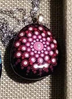 Handpainted Pink / Red Mandala Necklace, Stone / Rock Pendant, Sealed w/ Resin, Hypoallergenic Stainless Steel Chain, Lobster Claw Closure