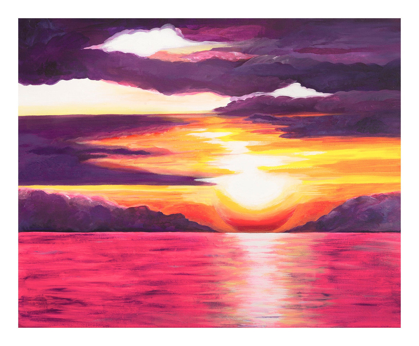 Print of Original Pink and Purple Sunset Over Water Painting, Matted, Vibrant Colors, Beachy / Coastal / Nautical Themed