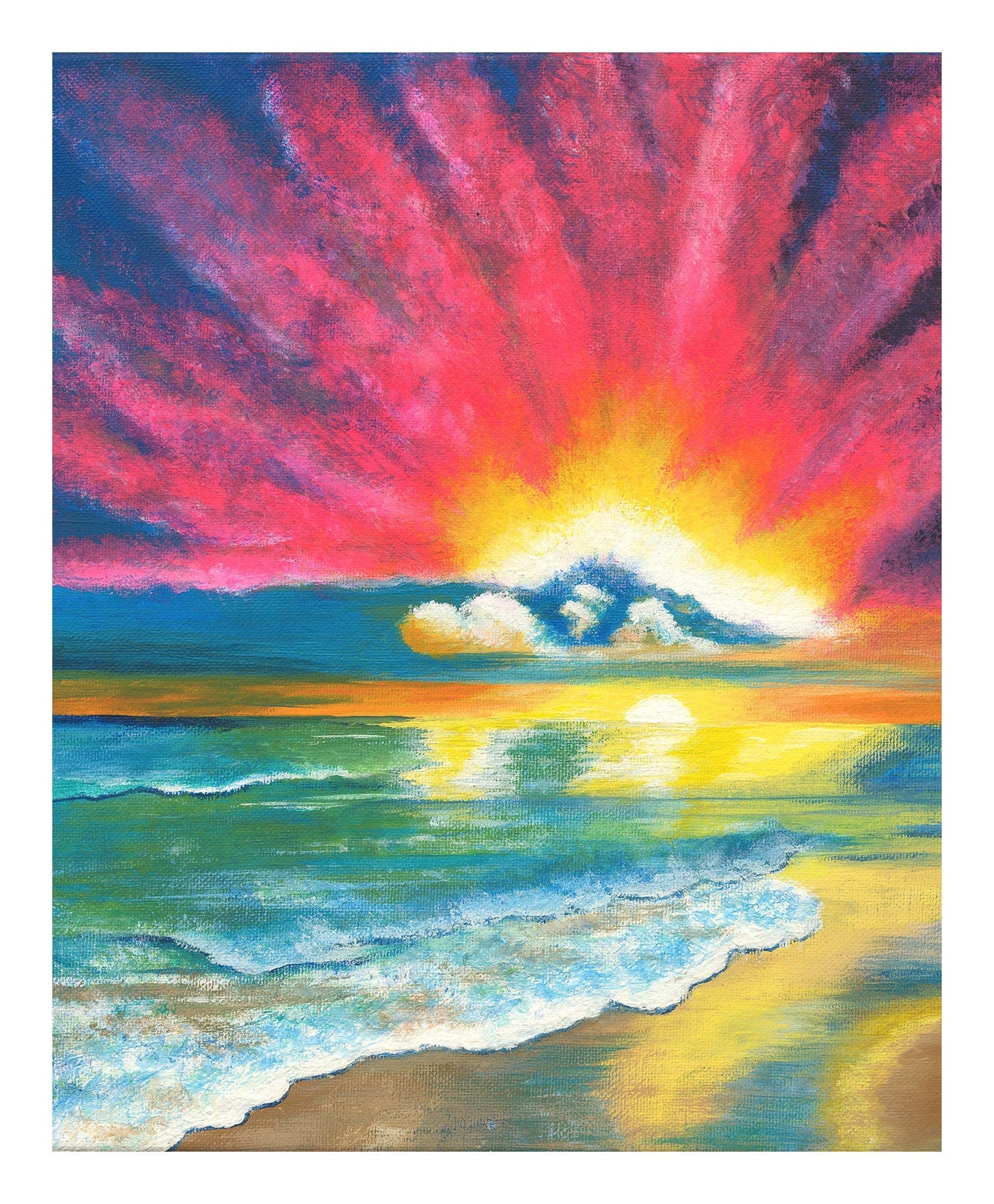 Print of Waves on Beach and Pink Cloud Sunset w/ Reflection Painting, Matted, Vibrant Colors, Beachy / Coastal / Tropical / Nautical Themed