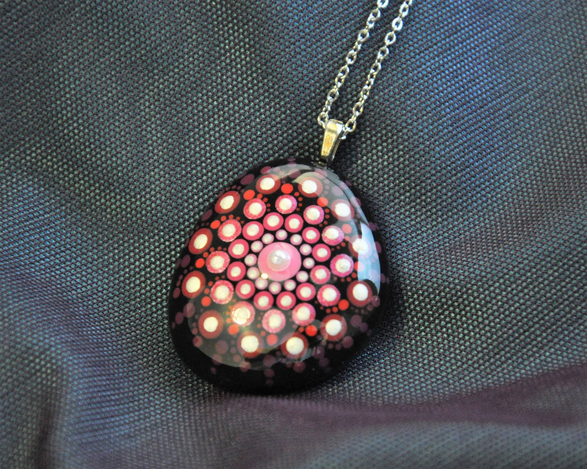 Handpainted Pink / Red Mandala Necklace, Stone / Rock Pendant, Sealed w/ Resin, Hypoallergenic Stainless Steel Chain, Lobster Claw Closure
