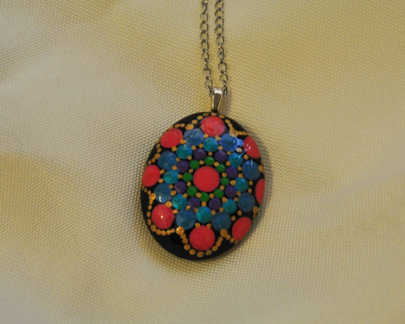 Handpainted Pearlescent Dot Mandala Necklace, Stone Pendant, Sealed w/ Resin, Hypoallergenic Stainless Steel Chain, Lobster Claw Closure