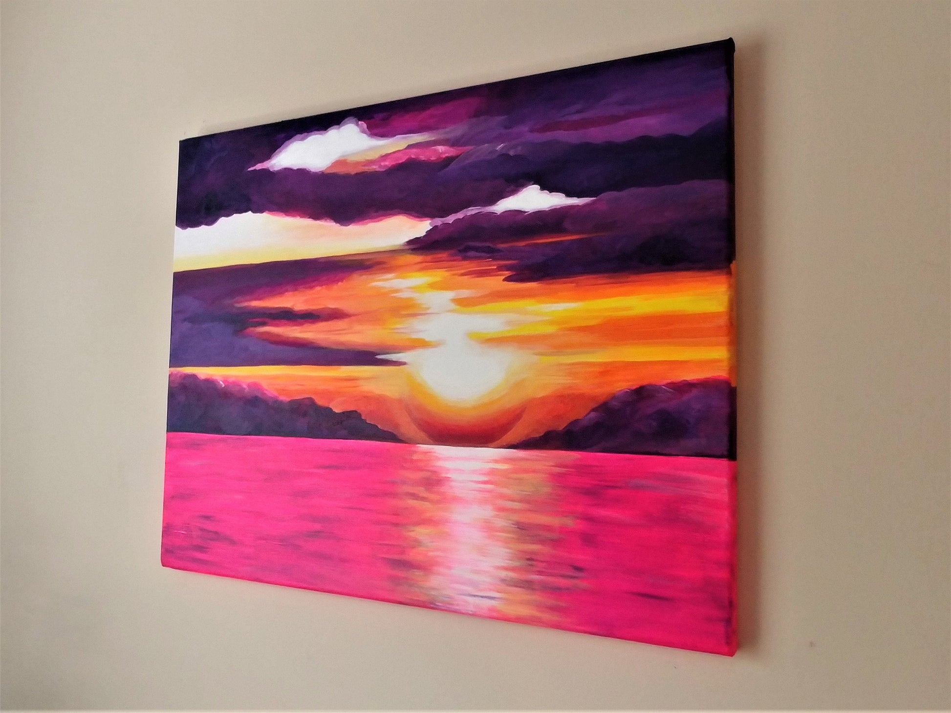 Print of Original Pink and Purple Sunset Over Water Painting, Matted, Vibrant Colors, Beachy / Coastal / Nautical Themed