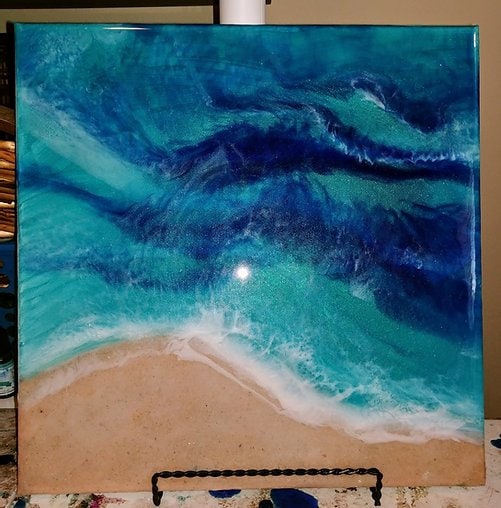 Handpainted Eco-Friendly Resin Seascape Coastal Beach Scene, Deep Contrast Waves,  With Real Sand, Painted on Stretched Canvas