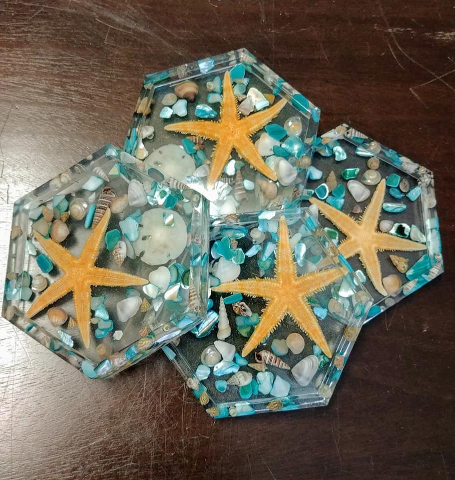 Eco-Friendly Resin Seashell Coasters (Set of 4) w/ Mica Powder, Starfish, Sand Dollar, Abalone, and Sea Shells, Round, Square, or Hexagon