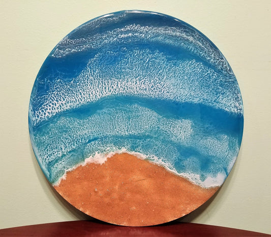 Handpainted Eco-Friendly Epoxy Resin Seascape Coastal Beach Scene, Deep, Dark Waves, Made with Real Sand, Painted on 12" Round Wood Panel
