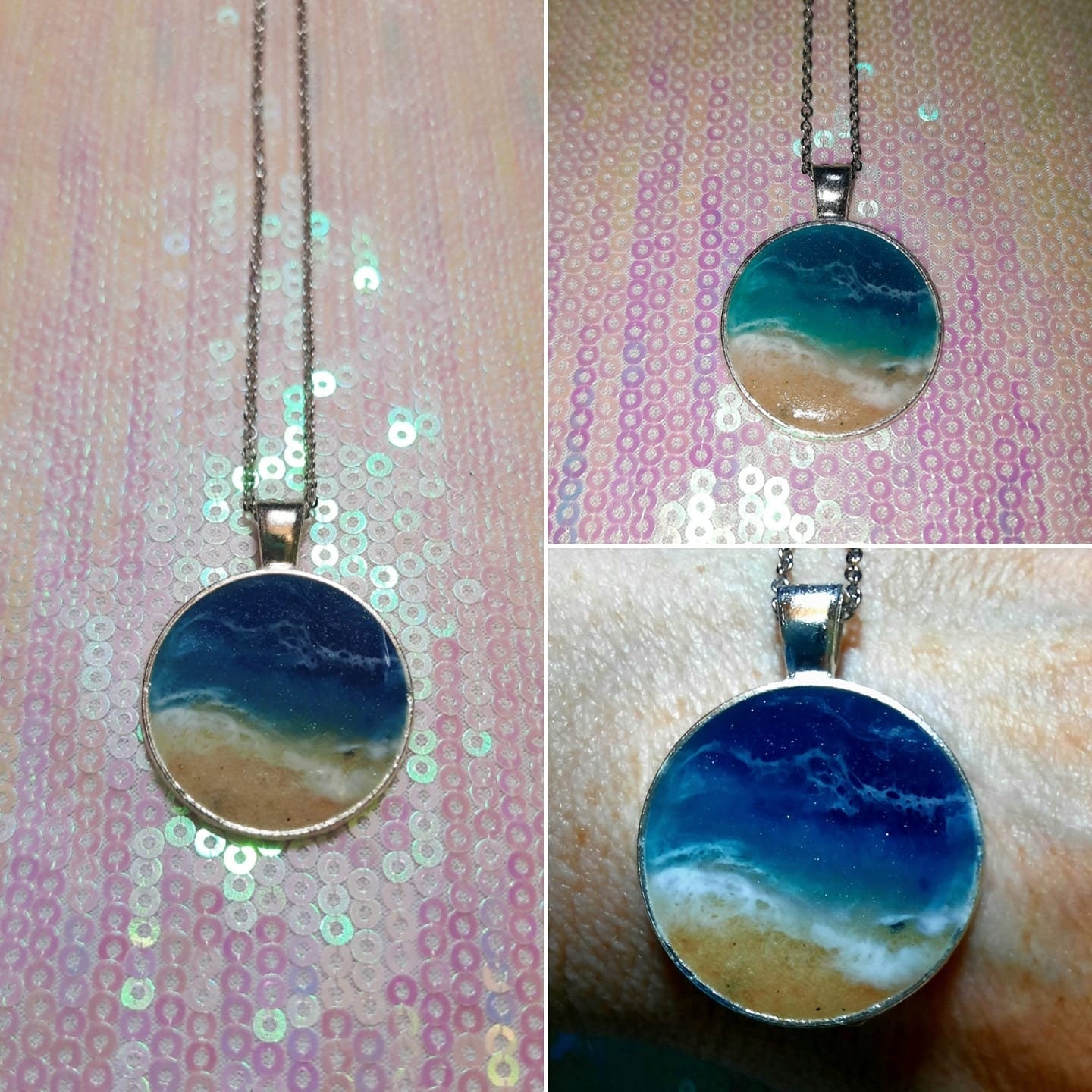 Resin Waves / Ocean Jewelry / Beach Scene Stainless Steel Necklace, Earrings, and Bangle Bracelet Set - Made with Real Sand, Resin, and Mica