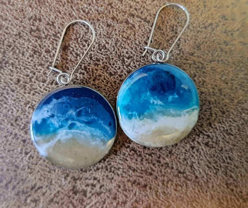 Real Sand Resin Waves Earrings/Ocean Beach Scene/Seascape Earrings/Made w/ Real Sand, Resin, Mica, and Hypoallergenic Stainless Steel