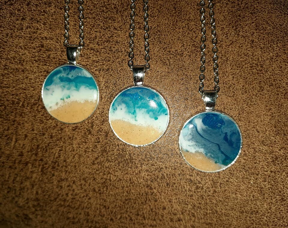 Resin Waves / Ocean Jewelry / Beach Scene Stainless Steel Necklace, Earrings, and Bangle Bracelet Set - Made with Real Sand, Resin, and Mica