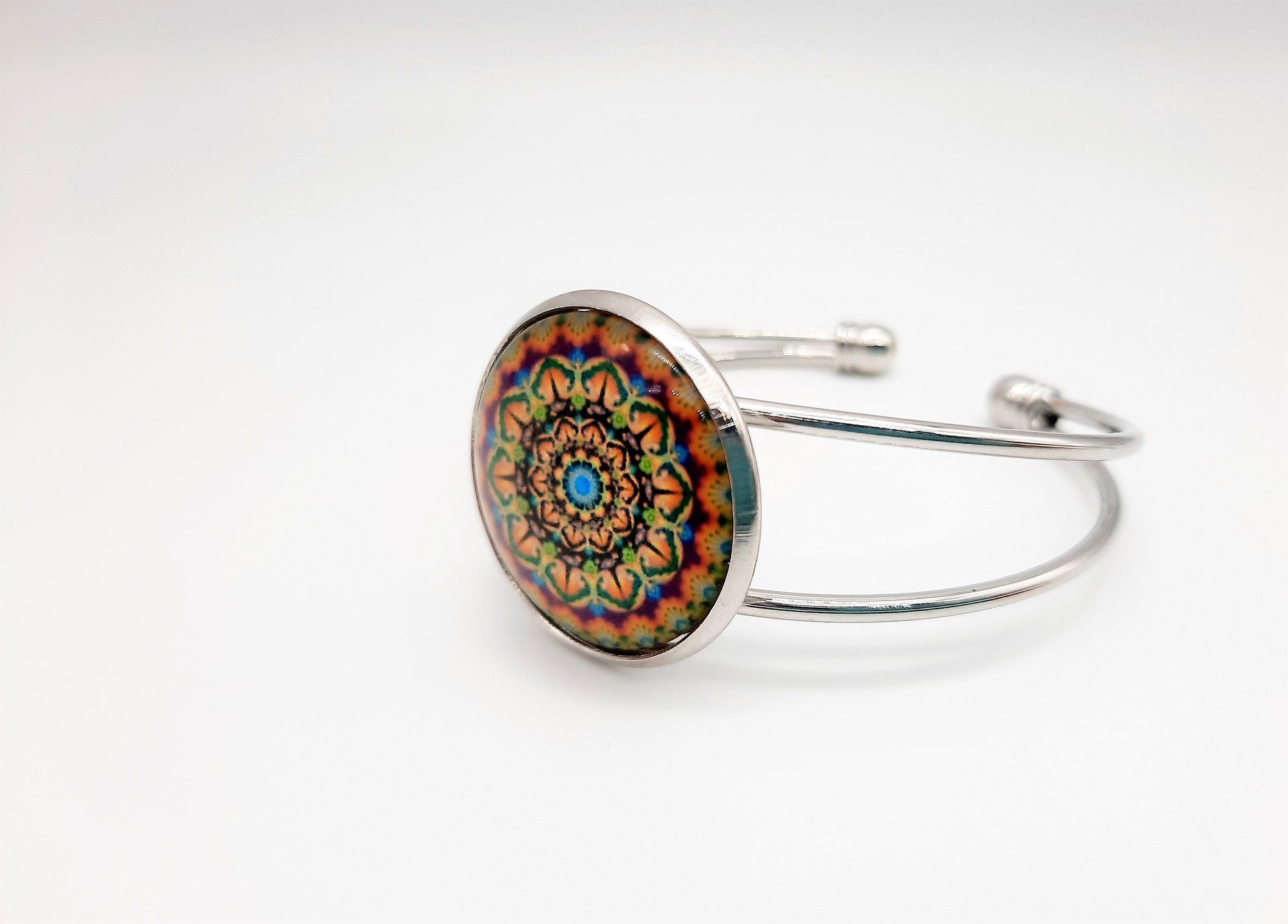 Mandala Pattern Design - Glass Cabochon Stainless Steel Adjustable Bangle Cuff Bracelet - Made with Hypoallergenic Stainless Steel
