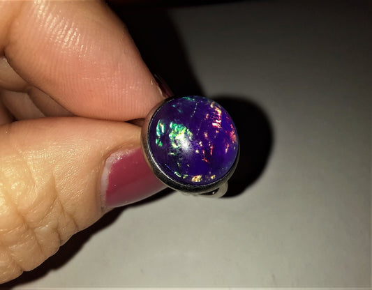 Handcrafted / Handmade Iridescent Purple Glass Cabochon Stone, Hypoallergenic Silver Stainless Steel Cuff Finger Ring, Size 7