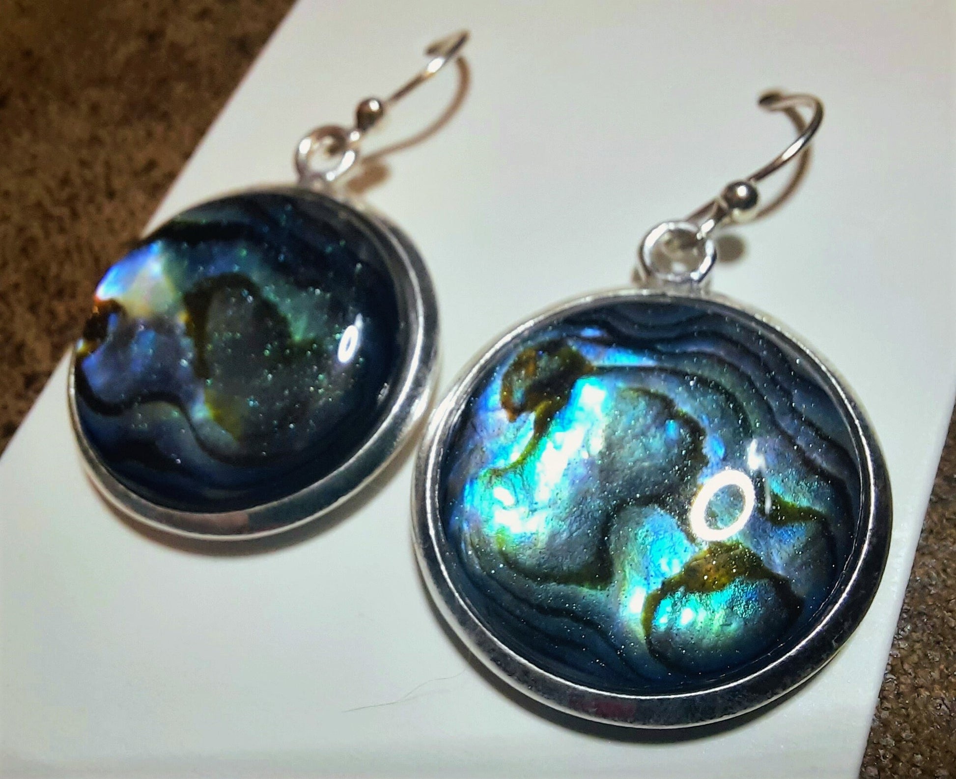 Handmade / Handcrafted 925 Sterling Silver Natural Blue Abalone / Paua Seashell Earrings, Sealed with Holographic Mica Infused Resin