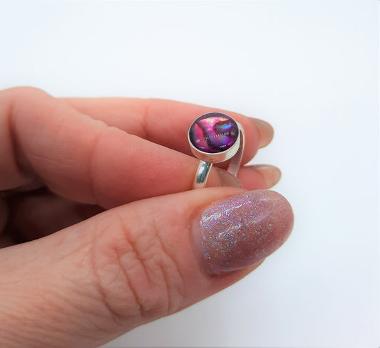 Handmade / Handcrafted 925 Sterling Silver Natural Pink Abalone / Paua Seashell Ring, Sealed with Holographic Mica Infused Resin