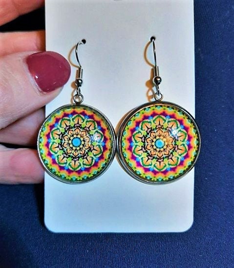 Handcrafted Rainbow Mandala Pattern Design - Glass Cabochon Stainless Steel Dangle Earrings - Hypoallergenic