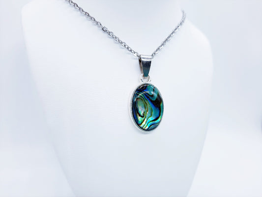 Natural Abalone / Paua Seashell Oval Pendant Necklace - Stainless Steel - Hypoallergenic - Covered w/ Holographic Powder Infused Resin Dome