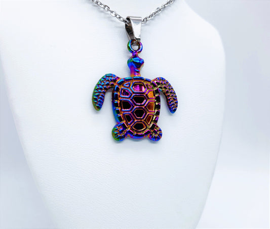 Rainbow Chromium Metal Sea Turtle Pendant Necklace - Stainless Steel Hypoallergenic Chain - Lobster Claw Closure - Alloy Pendant