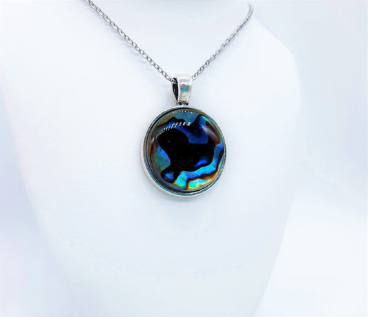 Natural Abalone / Paua Seashell Pendant Necklace - Stainless Steel - Hypoallergenic - Dome Covered with Holographic Powder Infused Resin