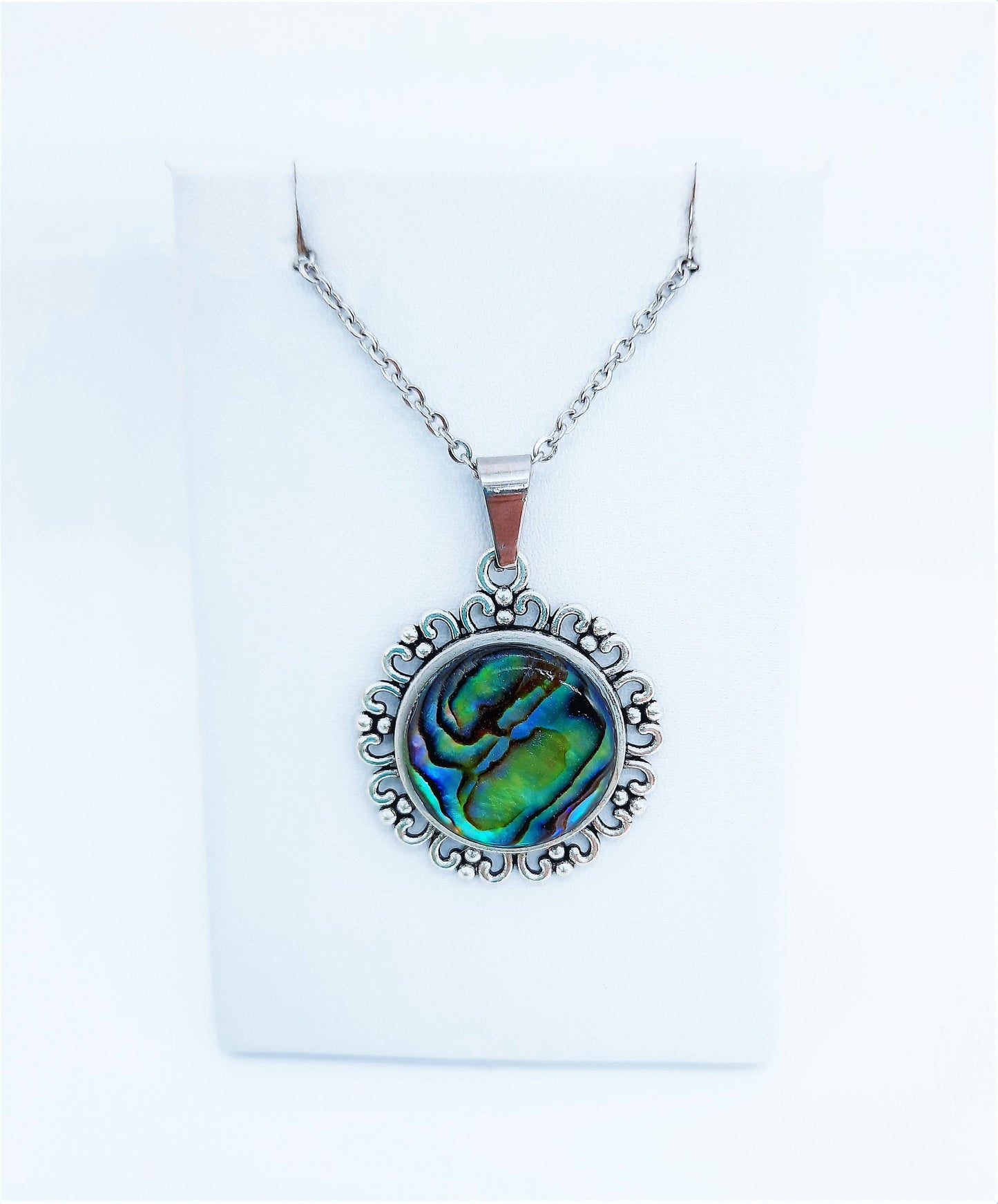 Abalone / Paua Seashell Tibetan Style Pendant Necklace - Stainless Steel - Hypoallergenic - Covered with Holographic Powder Infused Resin