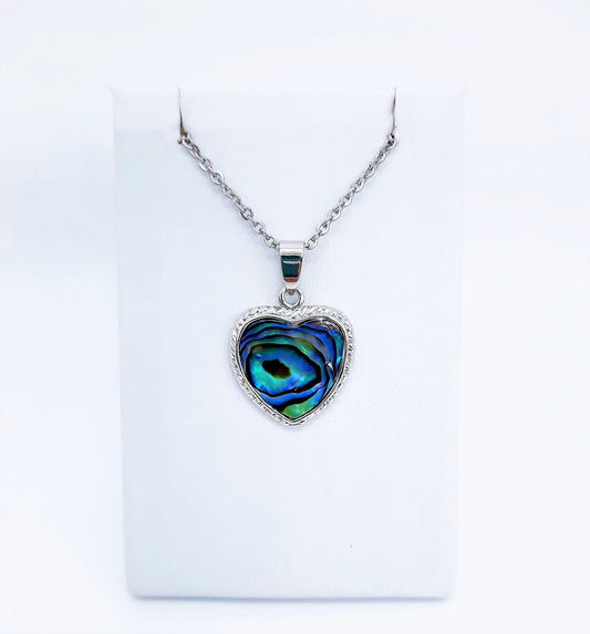 Abalone / Paua Seashell Heart Pendant Necklace - Stainless Steel Hypoallergenic Chain - Lobster Claw Closure - Silver-Coated Brass Pendant