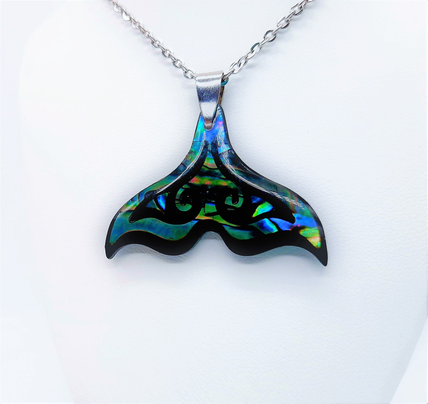 Abalone / Paua Seashell Mermaid Tail / Whale Tail Pendant Necklace - Stainless Steel - Hypoallergenic 18" Chain - Lobster Claw Closure