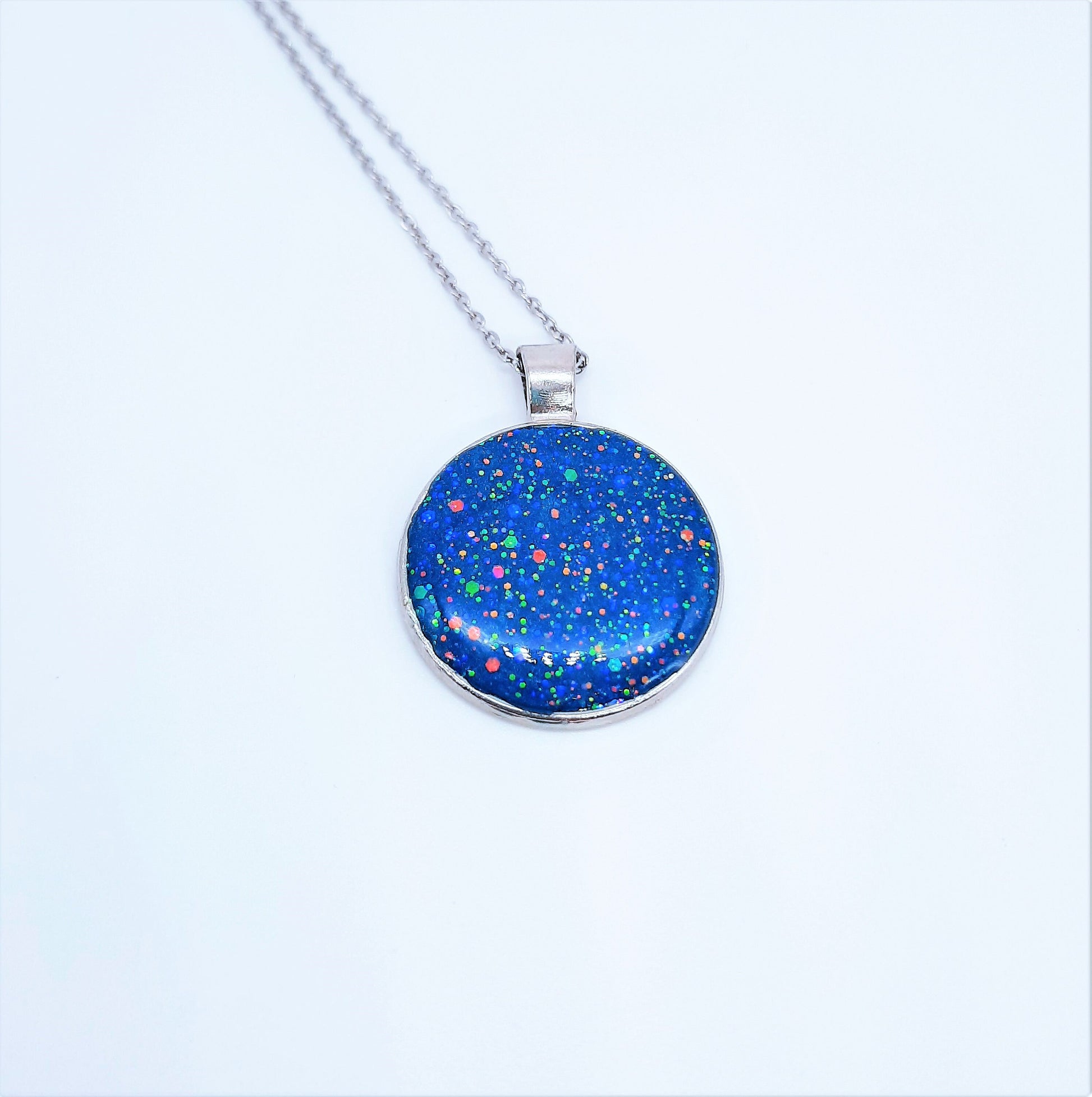 Blue Sparkle Resin Pendant Necklace/Made w/ Resin, Mica, Glitter, Glow-in-the-Dark Pigment, Hypoallergenic Stainless Steel