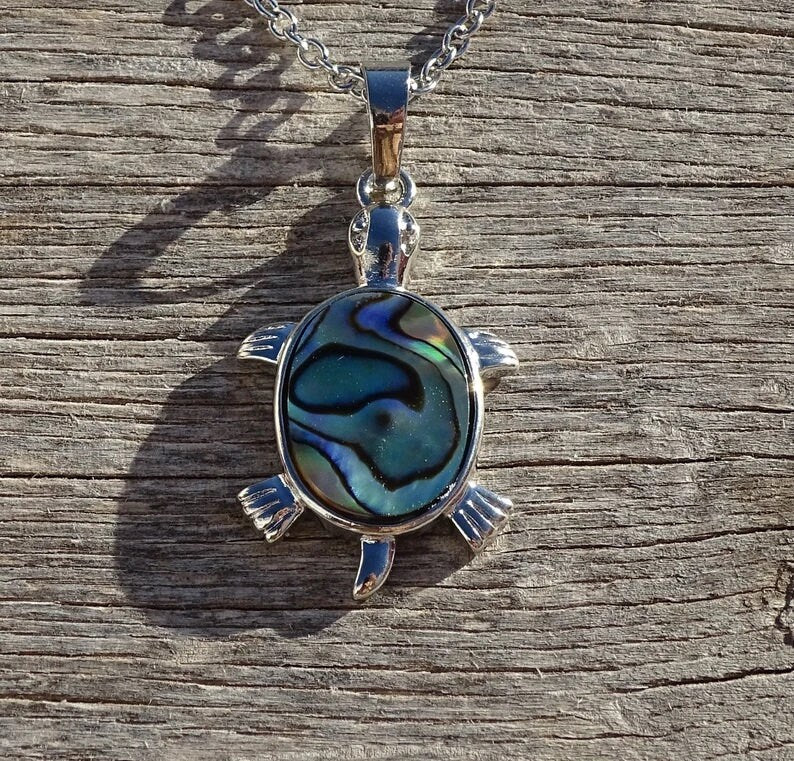 Abalone / Paua Small Sea Turtle Pendant Necklace - Stainless Steel Hypoallergenic Chain-Lobster Claw Closure - Silver-Coated Brass Pendant