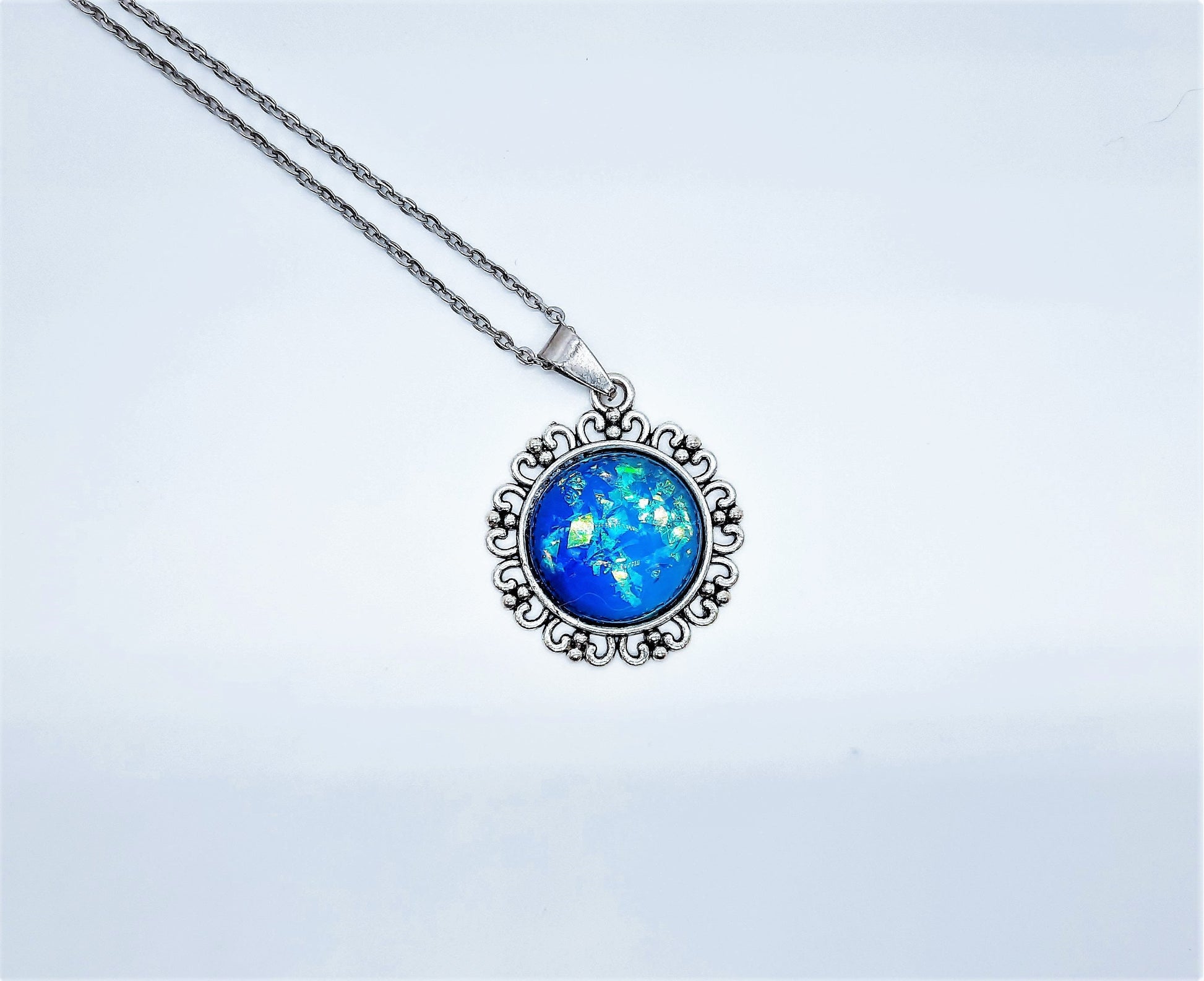 Translucent Glittery Blue Tibetan Style Pendant Necklace - Stainless Steel - Hypoallergenic - Glass Cabochon