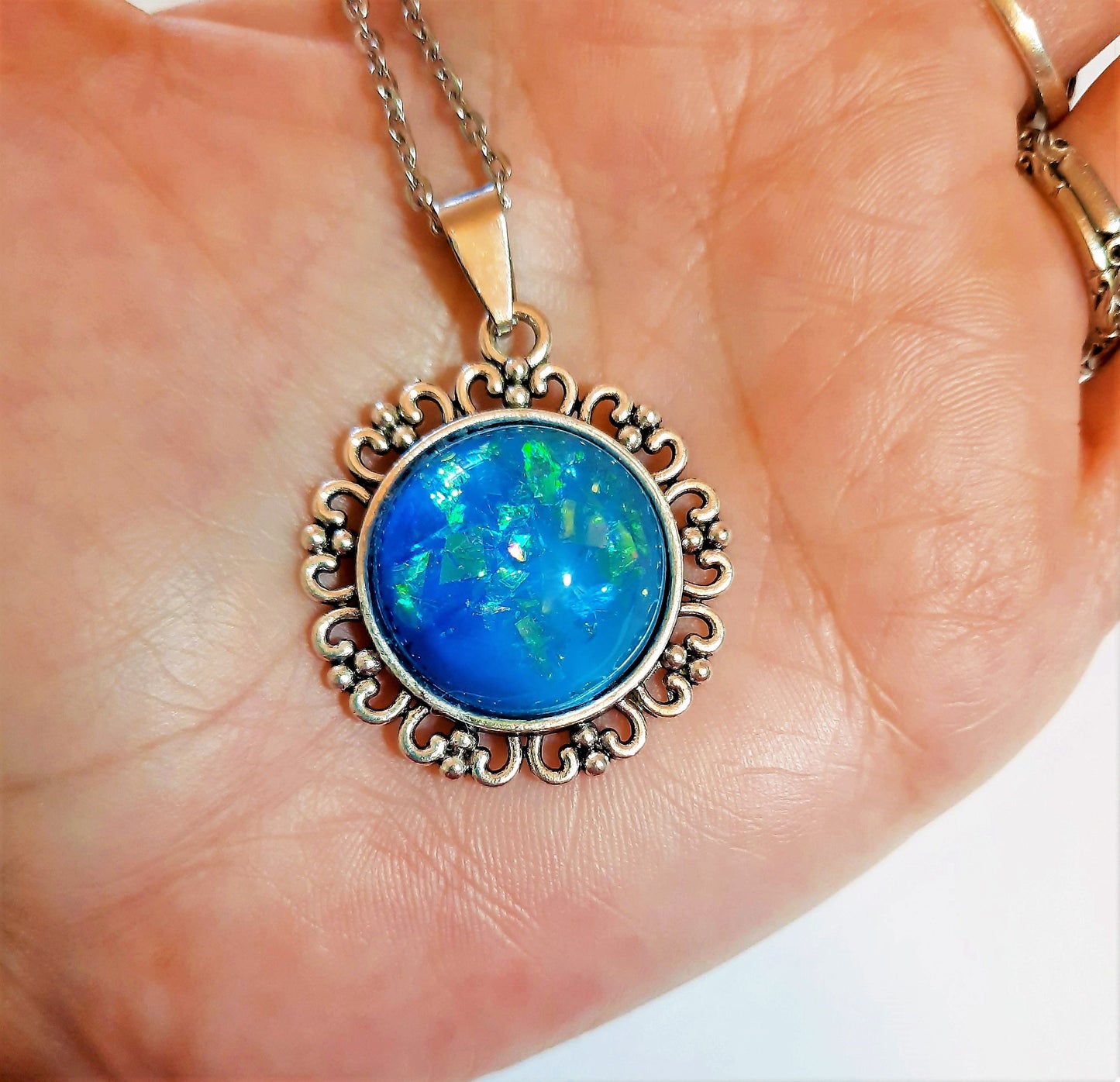 Translucent Glittery Blue Tibetan Style Pendant Necklace - Stainless Steel - Hypoallergenic - Glass Cabochon