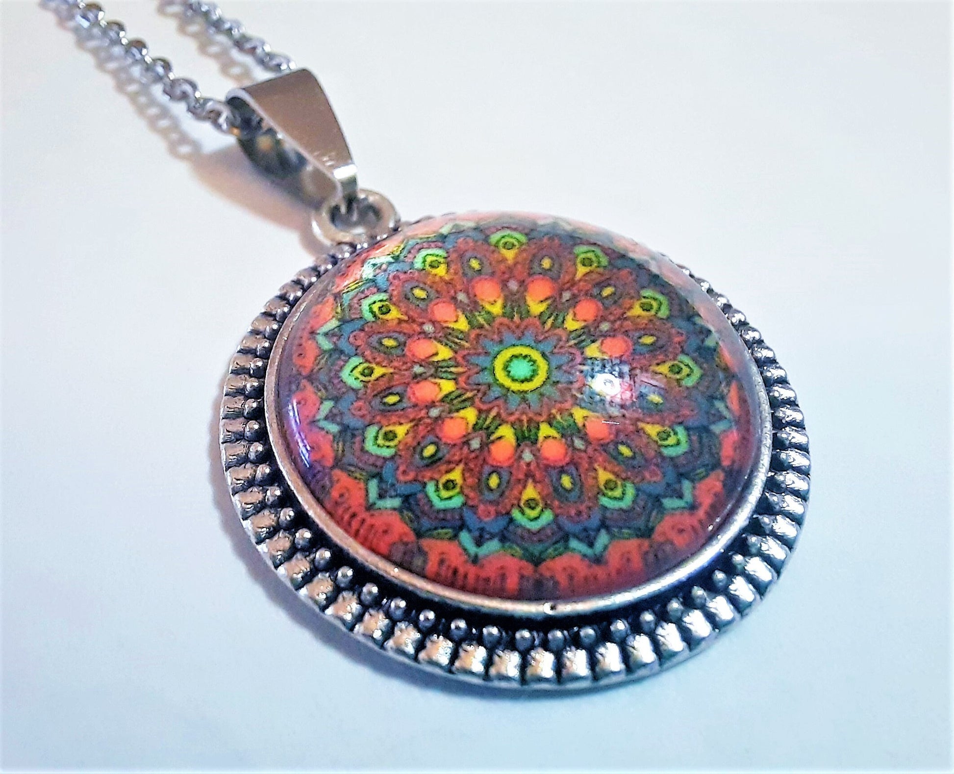 Handcrafted Red and Yellow Mandala Pattern Design - Glass Cabochon - Tibetan Style Stainless Steel Pendant Necklace - Hypoallergenic